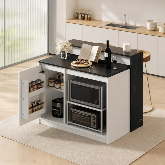 WUVRIE Keukeneiland 120x80x100 cm - Bartafel met rustplek voor huisdieren - Zwart/wit marmerlook