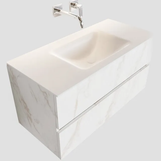 Boss & Wessing Badkamermeubel BWS Valencia Carrara Mat 100 cm Solid Surface Wastafel (0 kraangaten, 2 lades)