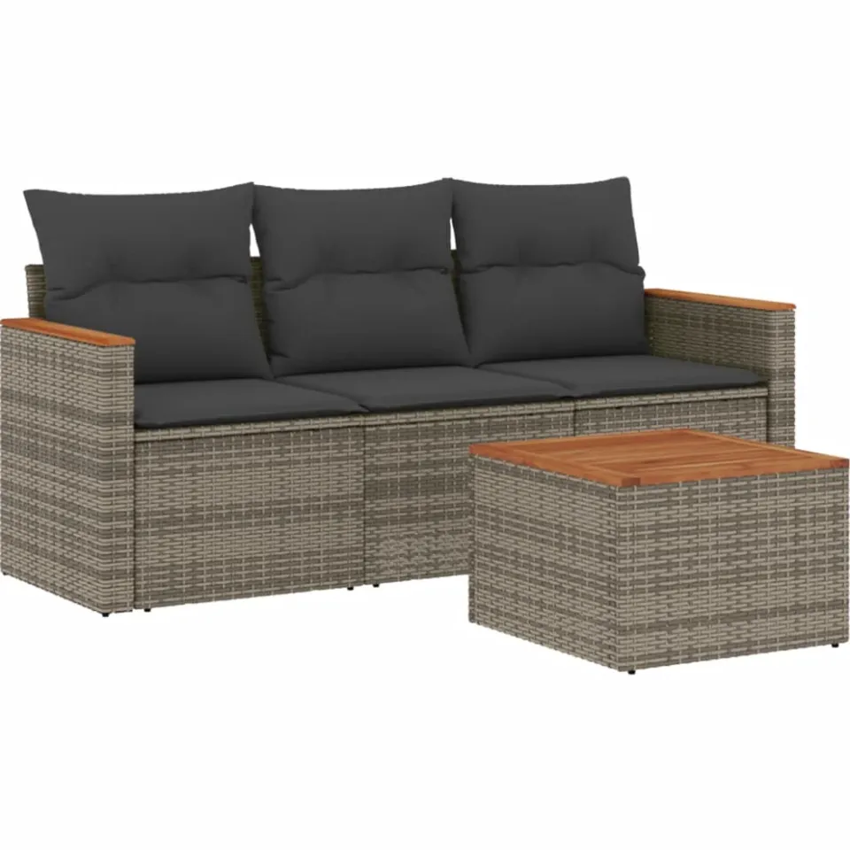 vidaXL 4-delige Loungeset met kussens poly rattan grijs, foto 3