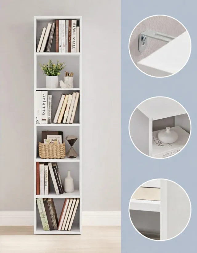 House&Garde Boekenkast 6 Vakken House&Garden – Staand Open Opbergrek – Modern Houten Rek voor Woonkamer, Thuiskantoor en Eetkamer – Verstelbare Planken, Kantelbeveiliging – Wolkenwit