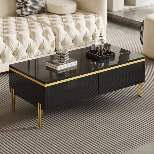 MEUNIQ Salontafel 100 x 50 x 36 cm met 2 verborgen lades, hoogglans spaanplaat, metalen poten en gouden details voor de woonkamer, zwart