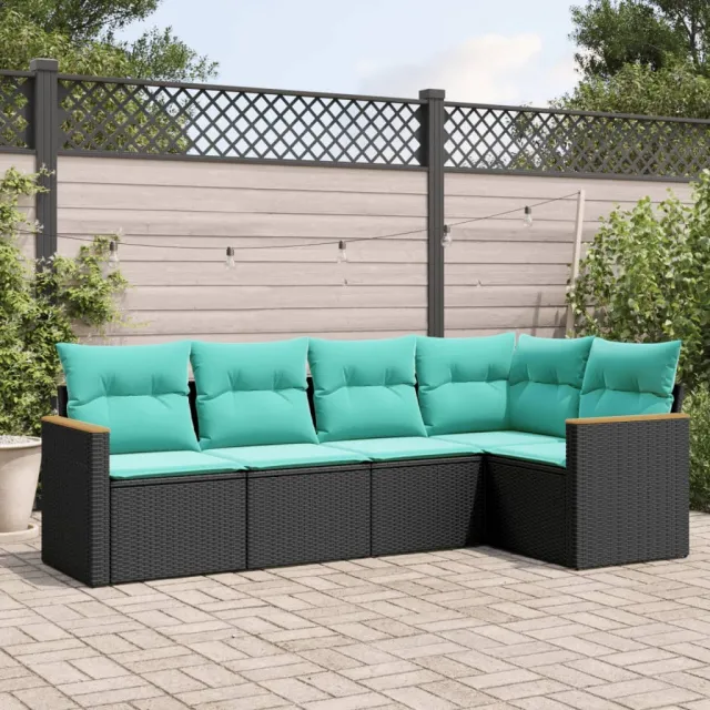 vidaXL 5-delige tuinbankset met kussens van zwart polyrotan, foto 2