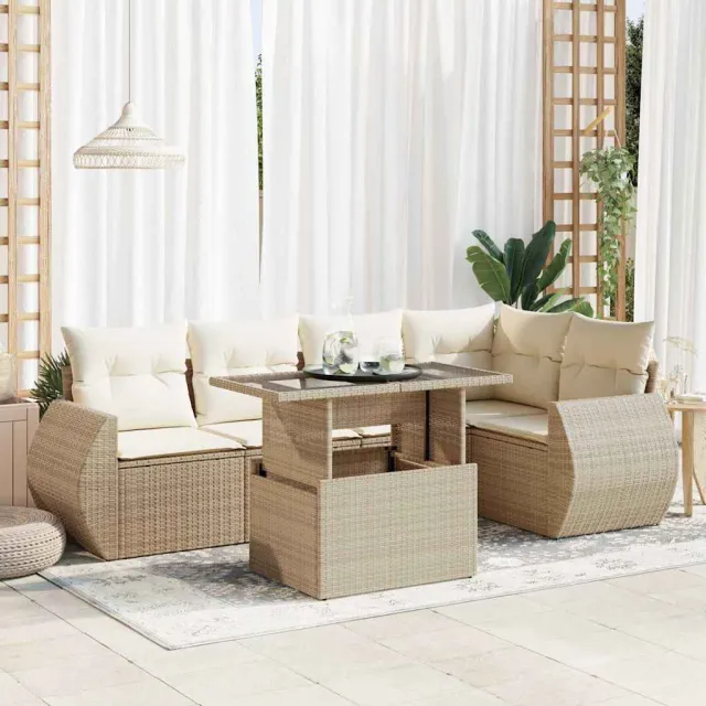 vidaXL 6-delige Loungeset met kussens poly rattan beige, foto 2