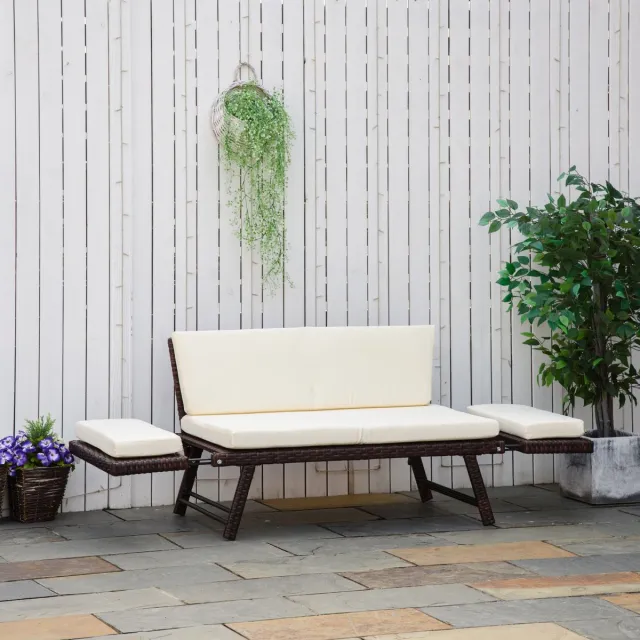 OKWISH Tuinbank - 129 x 63 x 67 cm - Uitklapbare Armleuningen & Relaxfunctie - Voor Terras, Balkon of Tuin - Rotan en Staal - Bruin