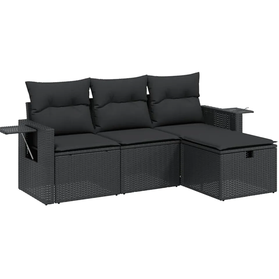 vidaXL 4-delige Loungeset met kussens poly rattan zwart, foto 3