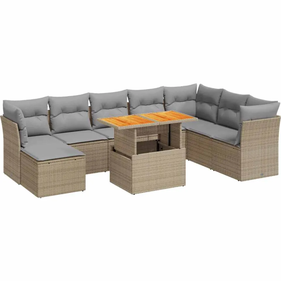 vidaXL 9-delige Loungeset met kussens poly rattan beige, foto 3