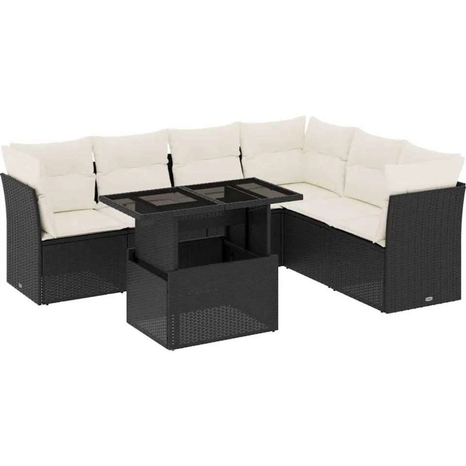 vidaXL 7-delige Loungeset met kussens poly rattan zwart