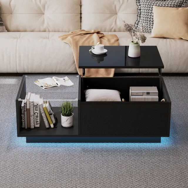REDOM Salontafel - Met Hefbaar Blad En Opbergruimte - Modern - Voor Woonkamer - Spaanplaat En Gehard Glas - Zwart - 100 x 50 x 33-46,5 cm