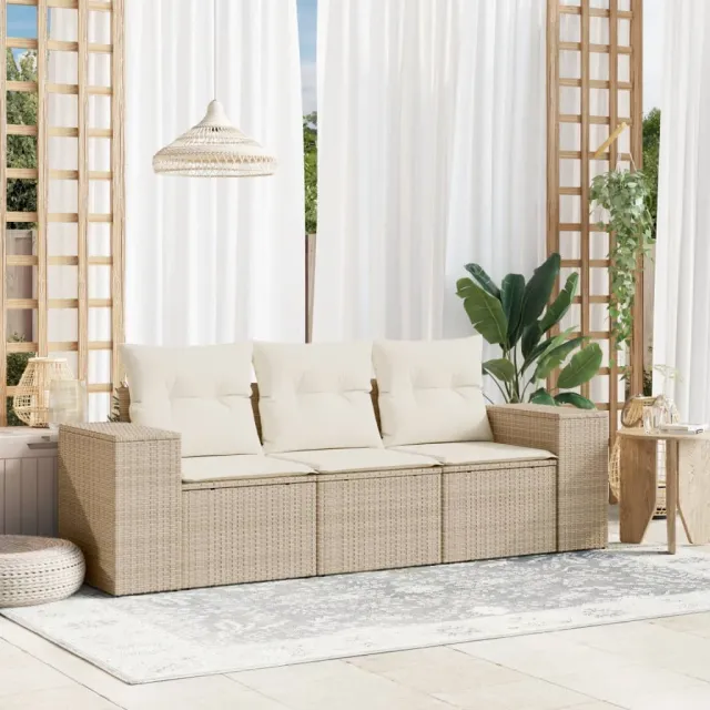 vidaXL 3-delige Loungeset met kussens poly rattan beige, foto 2