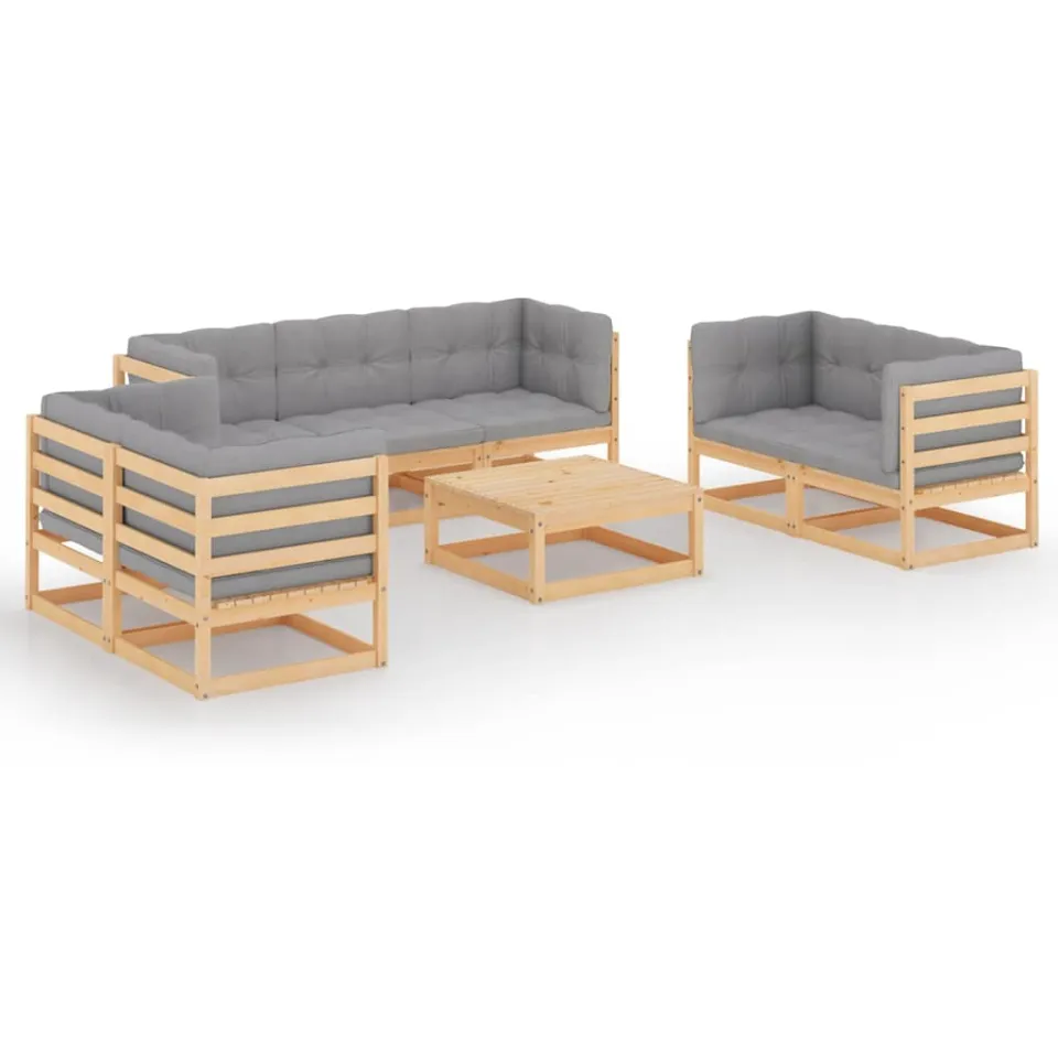 vidaXL 8-delige Loungeset met kussens massief grenenhout Grijs