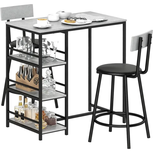 Lunpog Bartafelset met krukken - staande eettafel met 2 barkrukken - keukenbar met planken - hoge bartafel en 2 krukken - grijs en zwart Gris