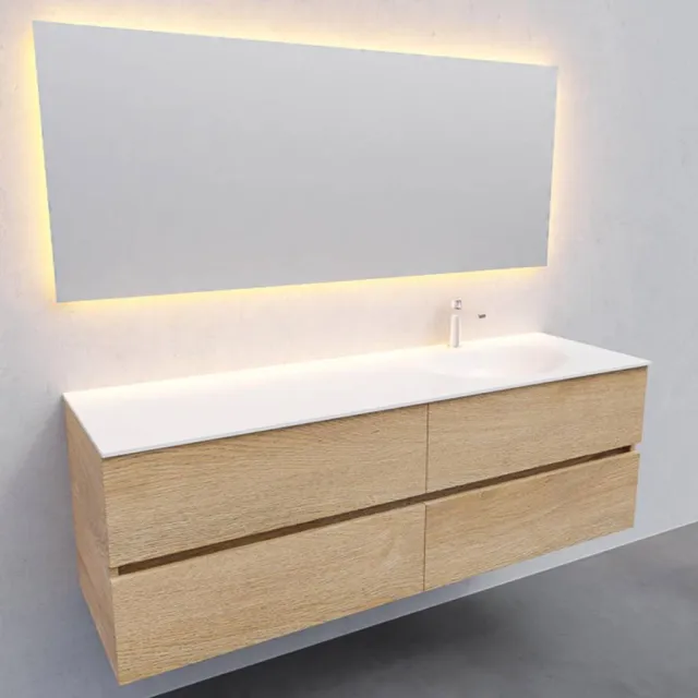 Boss & Wessing Badkamermeubel Solid Surface AQS Stockholm 150x46 cm Rechts Wood Washed Oak 4 Laden Boss & Wessing Houtlook