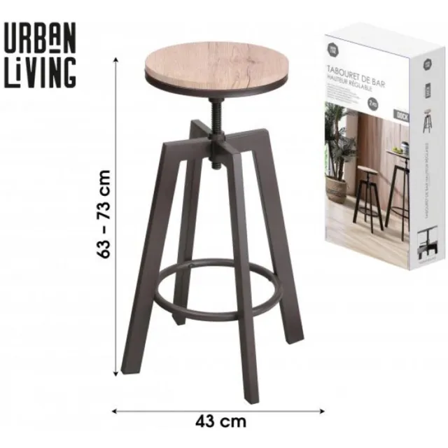 Urban Living "DOCK" – SET VAN 2 BARSTOELEN DIAM. 43CM, VERSTELBAAR IN HOOGTE VAN 63 TOT 73CM Mat bruin met natuurlijke eikenlook