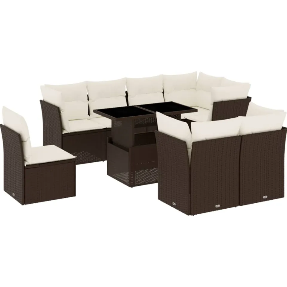 vidaXL 9-delige Loungeset met kussens poly rattan bruin