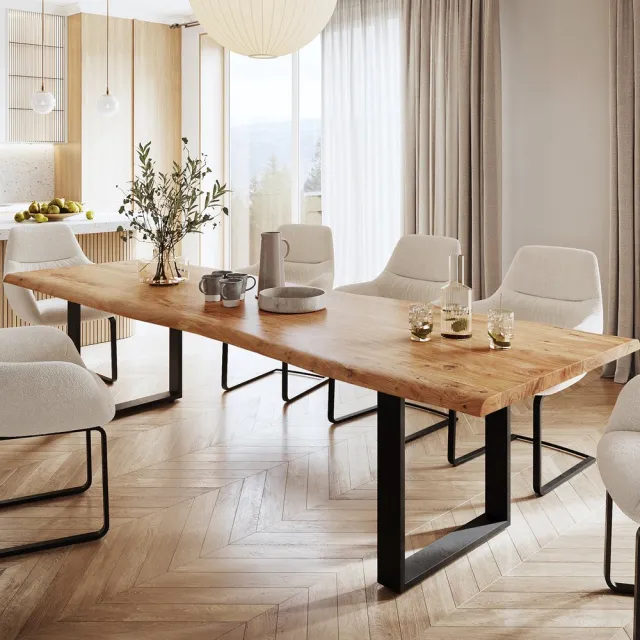 DELIFE Eetkamertafel Classic-Edge acacia natuur 300x100 Frame schuin metaal zwart Bruin