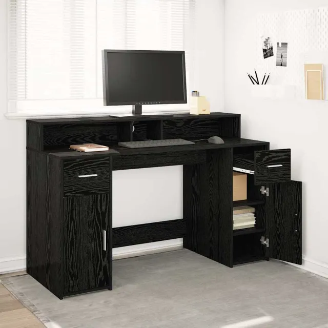 vidaXL Bureau Zwart eiken 140 x 55 x 91 cm Bewerkt hout, foto 2
