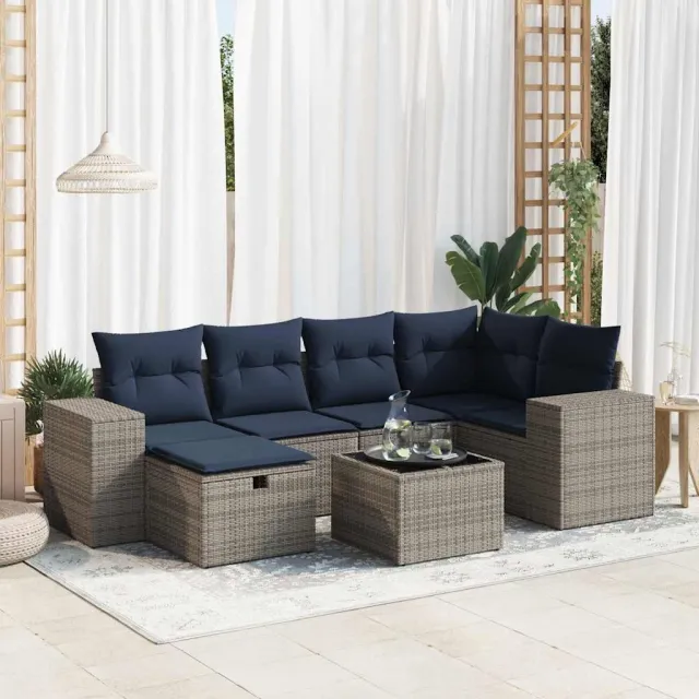 vidaXL 7-delige Loungeset met kussens poly rattan grijs, foto 2