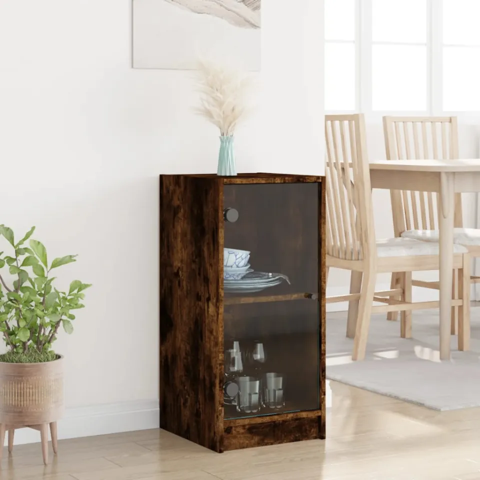 vidaXL Bijzetkast met glazen deuren 35x37x75,5 cm gerookt eikenkleurig, foto 3