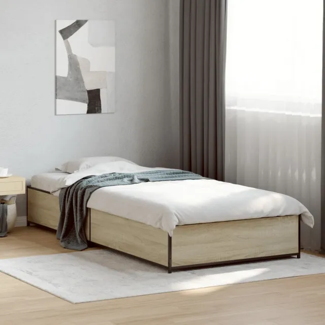 vidaXL Bedframe bewerkt hout en metaal grijs sonoma eiken 75x190 cm