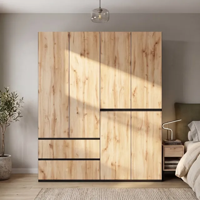 Clruro Kledingkast - 180 x 50 x 200 cm - 6 Deuren - 2 Hangroedes en 5 Lades - MDF/PB - Eiken/Wit Hout