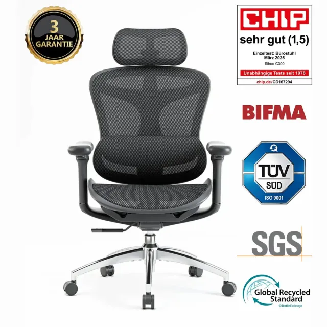 Sihoo Doro C300 Ergonomische Bureaustoel - 3D Armleuningen - Zelfaanpassende Lendensteun - Slim Gewichtsmechanisme - Mesh Rugleuning - 3 Kantelstanden - TUV/SGS Gecertificeerd - Tot 150kg - 70x69x128cm——Zwart