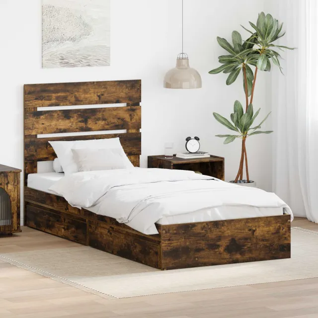 vidaXL Opslag bed met lade Gerookt eiken 90 x 200 cm Bewerkt hout Bruin