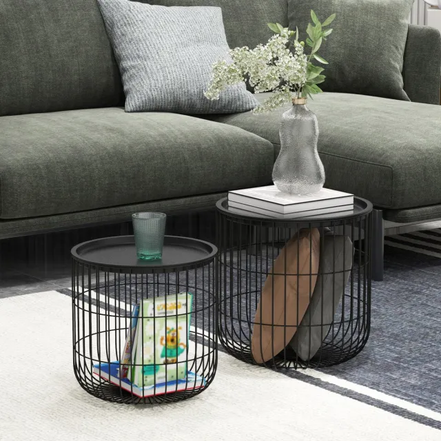 OKWISH Bijzettafels 2 Delige Set – Ronde Zwarte Metalen Salontafels – Scandinavische Stijl – Met Opbergruimte – 40 x 40 cm