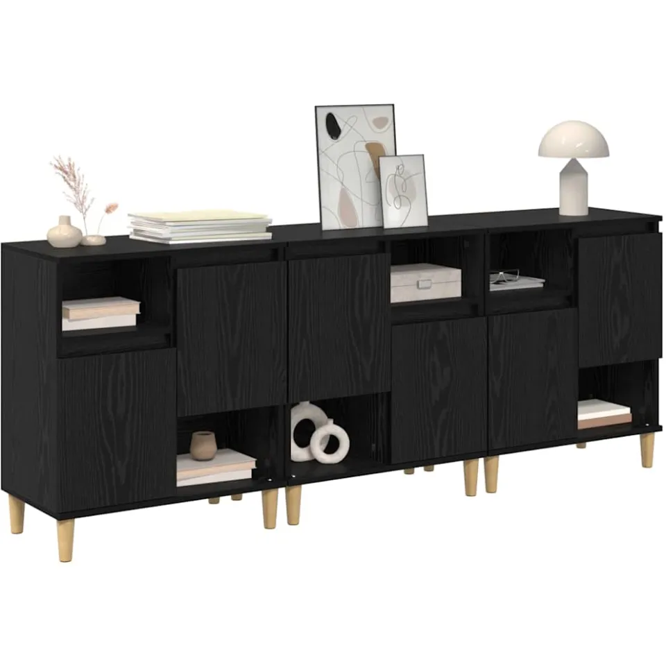 vidaXL Dressoirs 3 st Zwart Eiken 60 x 35 x 70 cm Bewerkt hout, foto 3