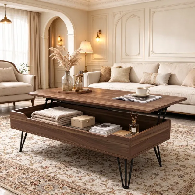 learnlogic Koffietafel salontafel 100×50×55 cm opklapbaar en verstelbaar voorzien van verborgen planken en royale opbergruimte voor woonkamer Walnootbruin