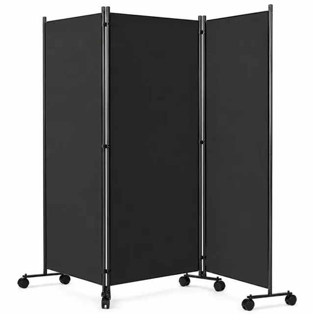 UrbanSelect Kamerscherm - Scheidingswand - 360° Flexibel Verstelbaar - 3 Ruime Panelen - 8 Wielen Met Rem - Metalen Frame - 259 × 86 × 182,8 cm Zwart