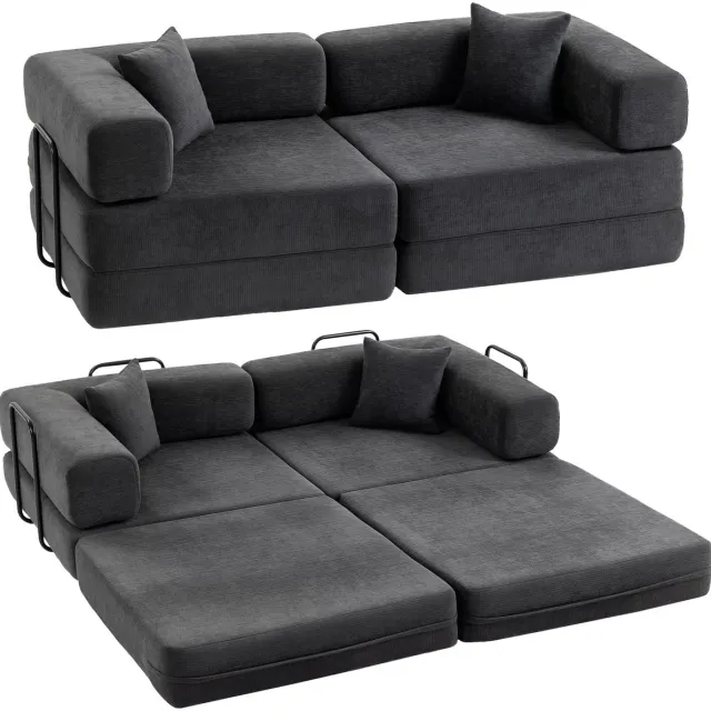 Homcom Slaapbank - Rups (100% Polyester) - 198 x 196 x 48 cm - Donkergrijs