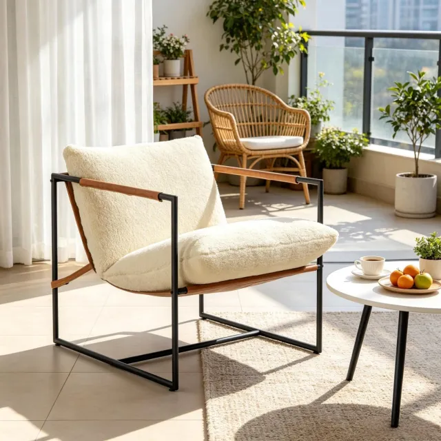 MODENUIT Fauteuil 77 x 91 x 80 cm - Zitting van 73 cm met Armleuningen - Voor de Woonkamer - Boucléstof - Crème