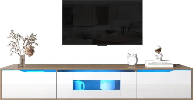 Merax TV-meubel met Hoogglans Afwerking en LED Verlichting – 180 cm – Wit met Bruin