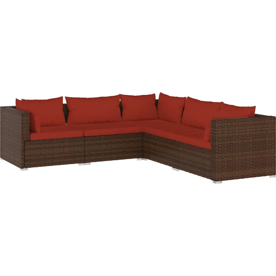 vidaXL 5-delige Loungeset met kussens poly rattan bruin, foto 3