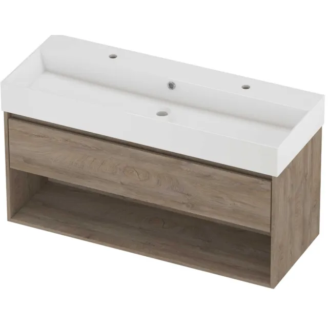 Proline Zara Badmeubelset Porselein Loft 2 Kraangaten Met Schap 120x46x65 cm Glans Wit Raw Oak Eiken