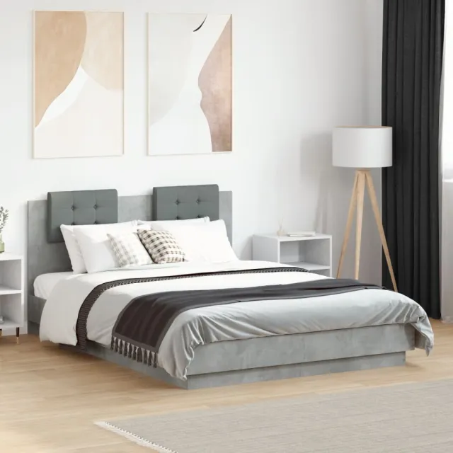 vidaXL Bedframe met hoofdeinde bewerkt hout betongrijs 135x190 cm