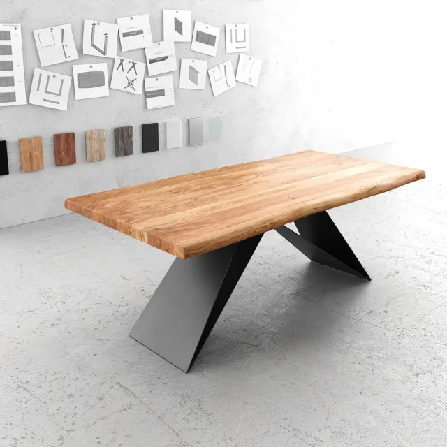 DELIFE Eettafel Edge acacia natuur 200x100 XL V-frame vlak staal zwart Live-Edge eettafel Bruin