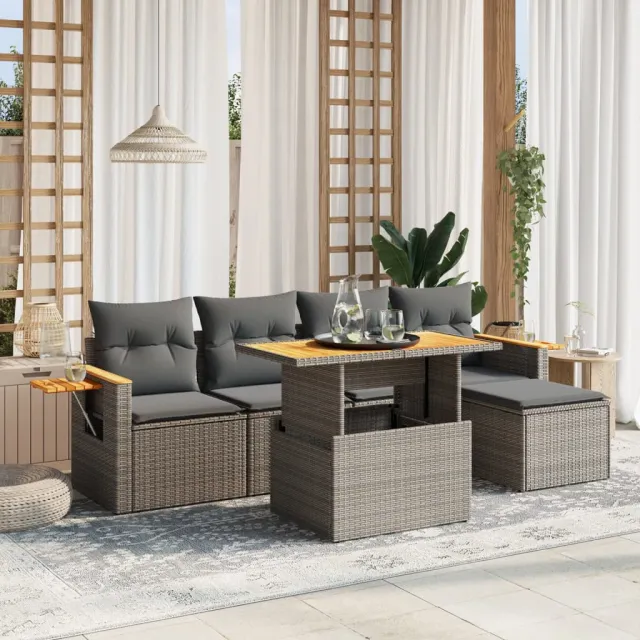 vidaXL 6-delige Loungeset met kussens poly rattan grijs, foto 2
