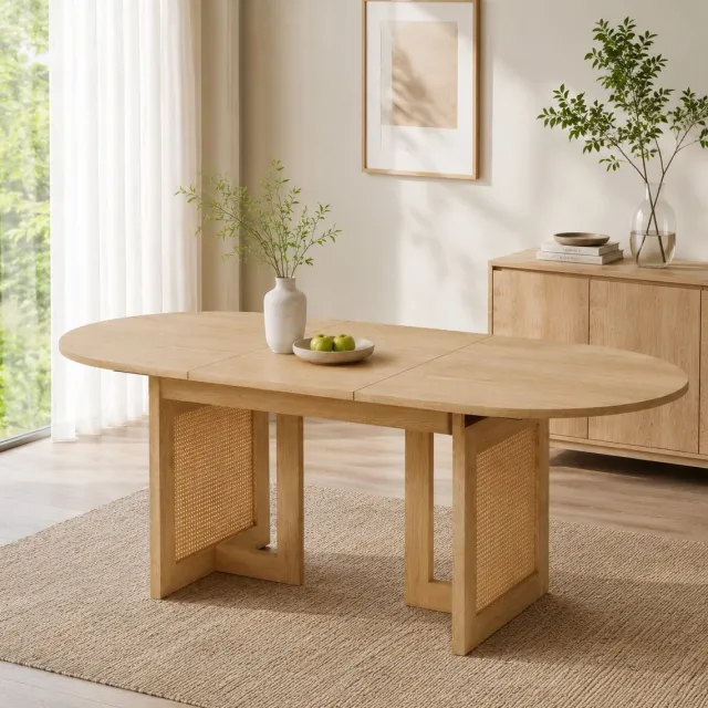 VVBV Ronde Eettafel 200x90x75 cm – Eettafel van MDF – Scandinavisch – Modern Design – Rotan – Voor 6-8 Personen – Eiken