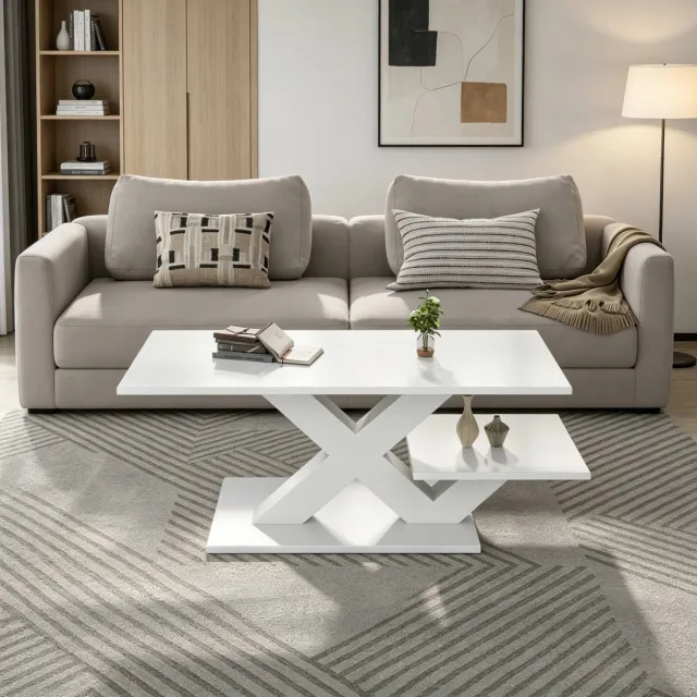 MIVRAY Salontafel Rechthoekig Hoogglans Wit Met Dubbele Tafelbladen En X Vormige Poten Voor Woonkamer Van MDF 100 X 48 X 45 Cm