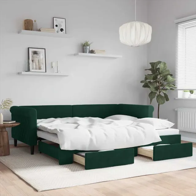 vidaXL Slaapbank onderschuifbed en lades 90x200 cm fluweel donkergroen groen