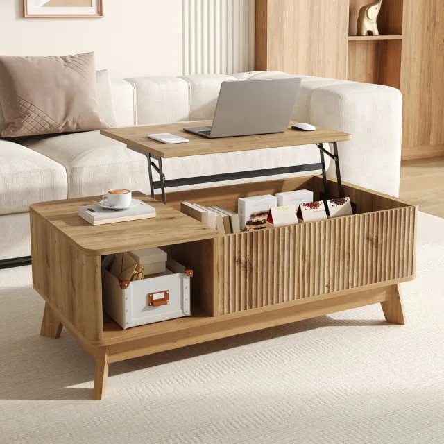 VVBV Salontafel – met Opbergruimte, In Hoogte Verstelbaar – MDF – Afmetingen 95x48x50 cm – Woonkamertafel – Natuurlijk Hout – Modern Design Natural