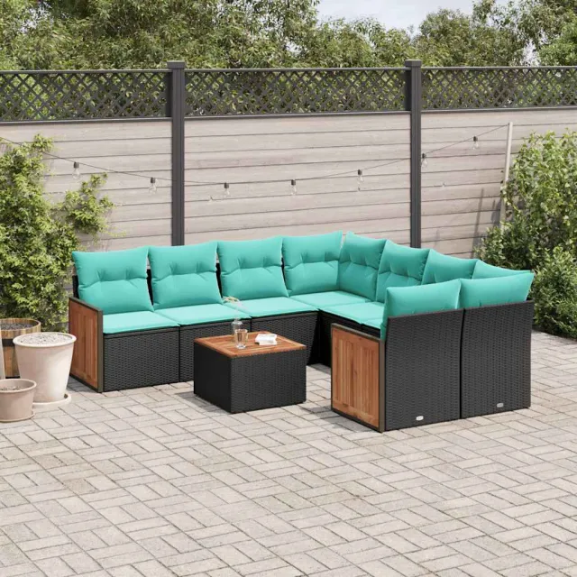 vidaXL 9-delige tuinbankset met kussens van zwart polyrotan, foto 2