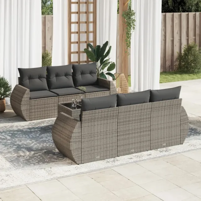 vidaXL 7-delige Loungeset met kussens poly rattan grijs, foto 2