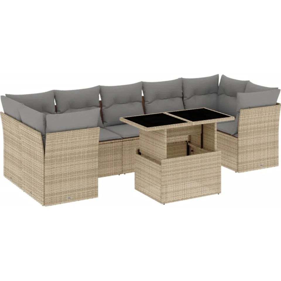 vidaXL 8-delige Loungeset met kussens poly rattan beige, foto 3