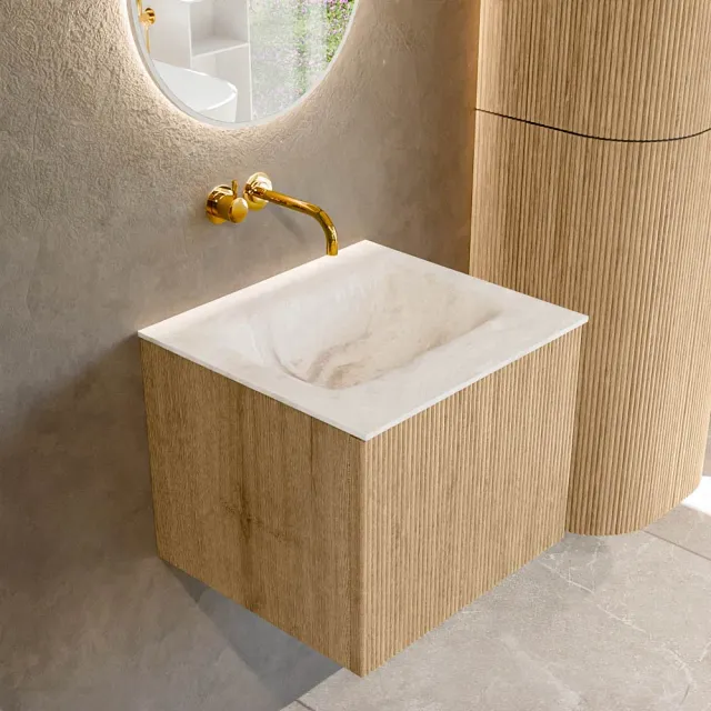 Mondiaz KURVE-DLUX 50 cm Onderkast Greeploos 1 Lade Zonder Deuren Oak, Wastafel Solid Surface Midden Frappe 0 Kraangaten Zonder Spiegel (KRVGRU501L0D0KM-Oak/Fra)