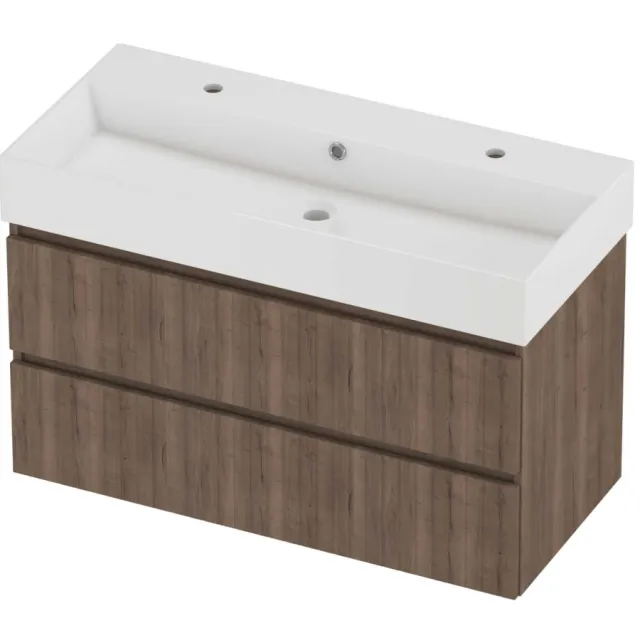Proline Zara Badmeubelset Porselein Loft 2 Kraangaten Symmetrisch 100x46x65 cm Glans Wit Terra Oak Eiken