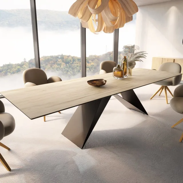 DELIFE Eetkamertafel Edge keramiek Laminam® Sabbia eiken kleur 300x100 V-frame vlak staal zwart Eichefarbig