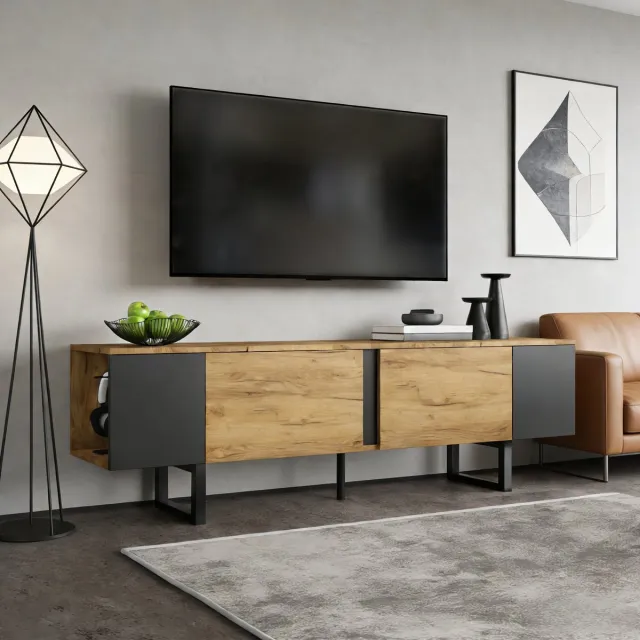 OKWISH Tv Meubel - Voor Tv Tot 75 Inch - 180 X 40 X 55 Cm - 2 Deuren En Open Vakken - Soft Close - Spaanplaat Naturel Hout Natuurlijk