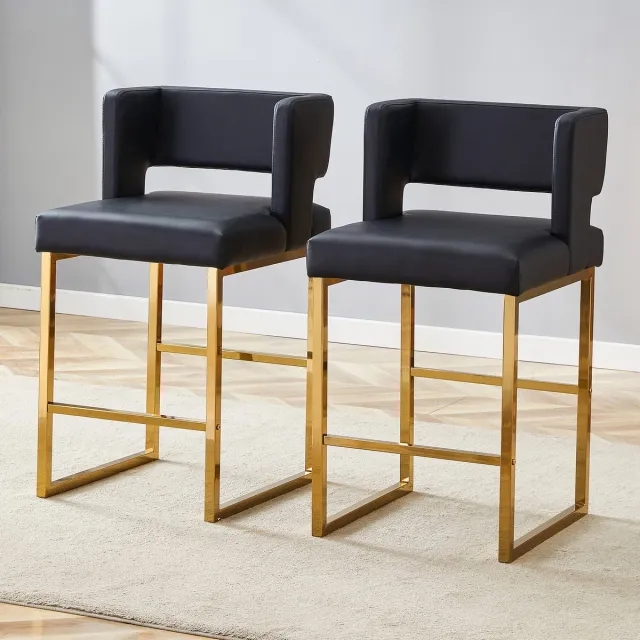 REDOM Barstoel - Vierkante Zitting - Gouden Metalen Poten - Scandinavische Stijl - Metaal En PU - Zwart En Goud Zwart + Goud